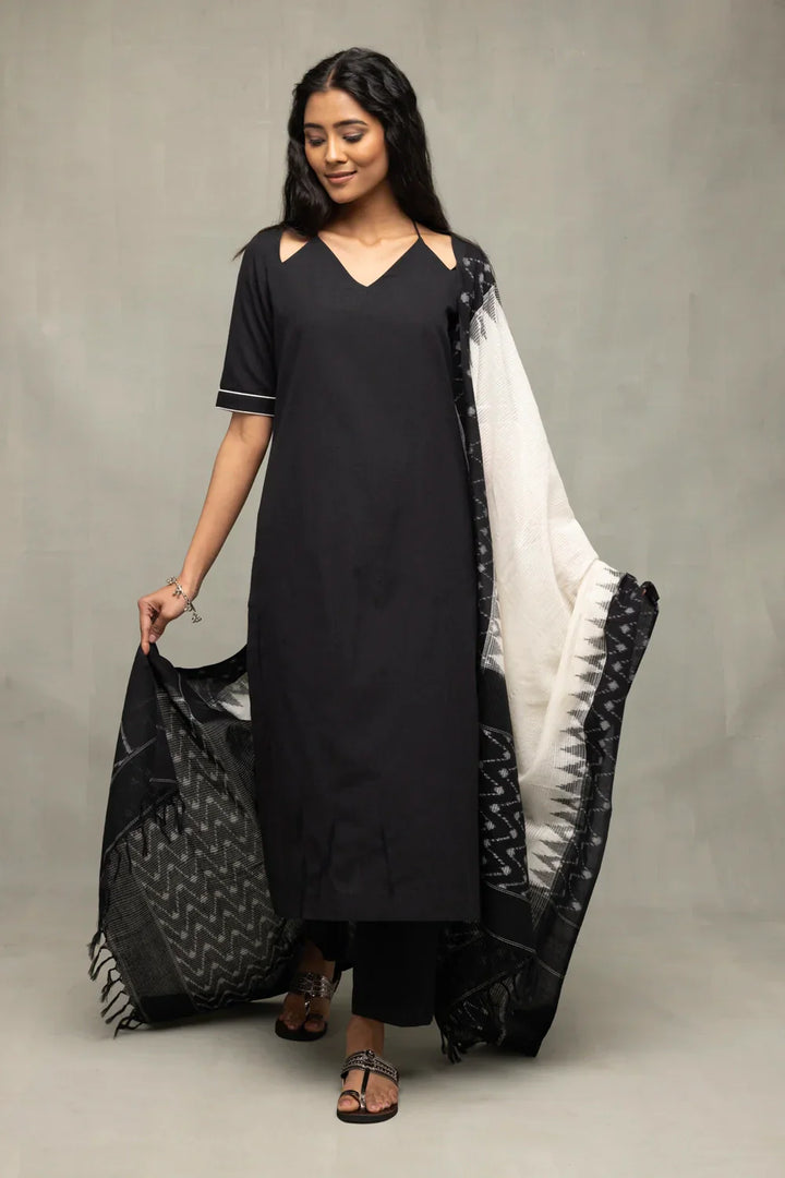 Handloom Black Pure Cotton Kurta Set WIth Ikkat Dupatta | SHOBITAM