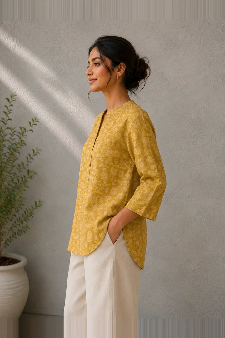 Mustard Hand Batik Khadi Cotton Top | SHOBITAM