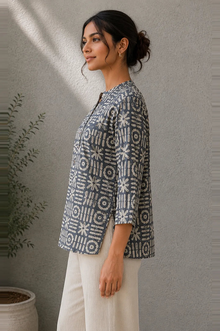 Stone Blue Hand Batik Khadi Cotton Top | SHOBITAM