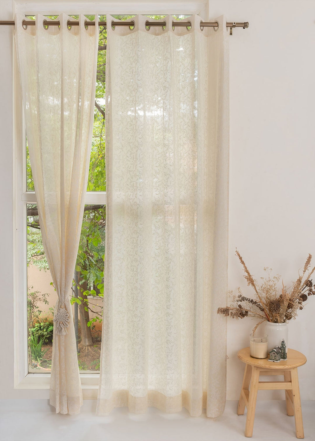Trailing Berries 100% Cotton Sheer minimal curtain for Living room - Light filtering - Cream - Single Piece | SHOBITAM