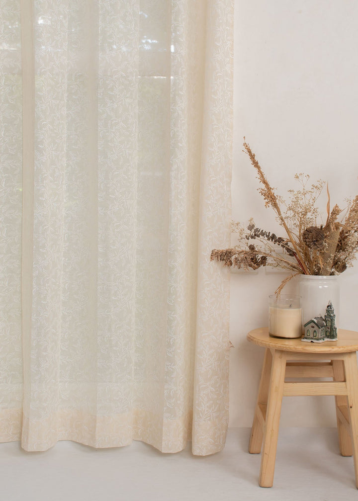Trailing Berries 100% Cotton Sheer minimal curtain for Living room - Light filtering - Cream - Single Piece | SHOBITAM