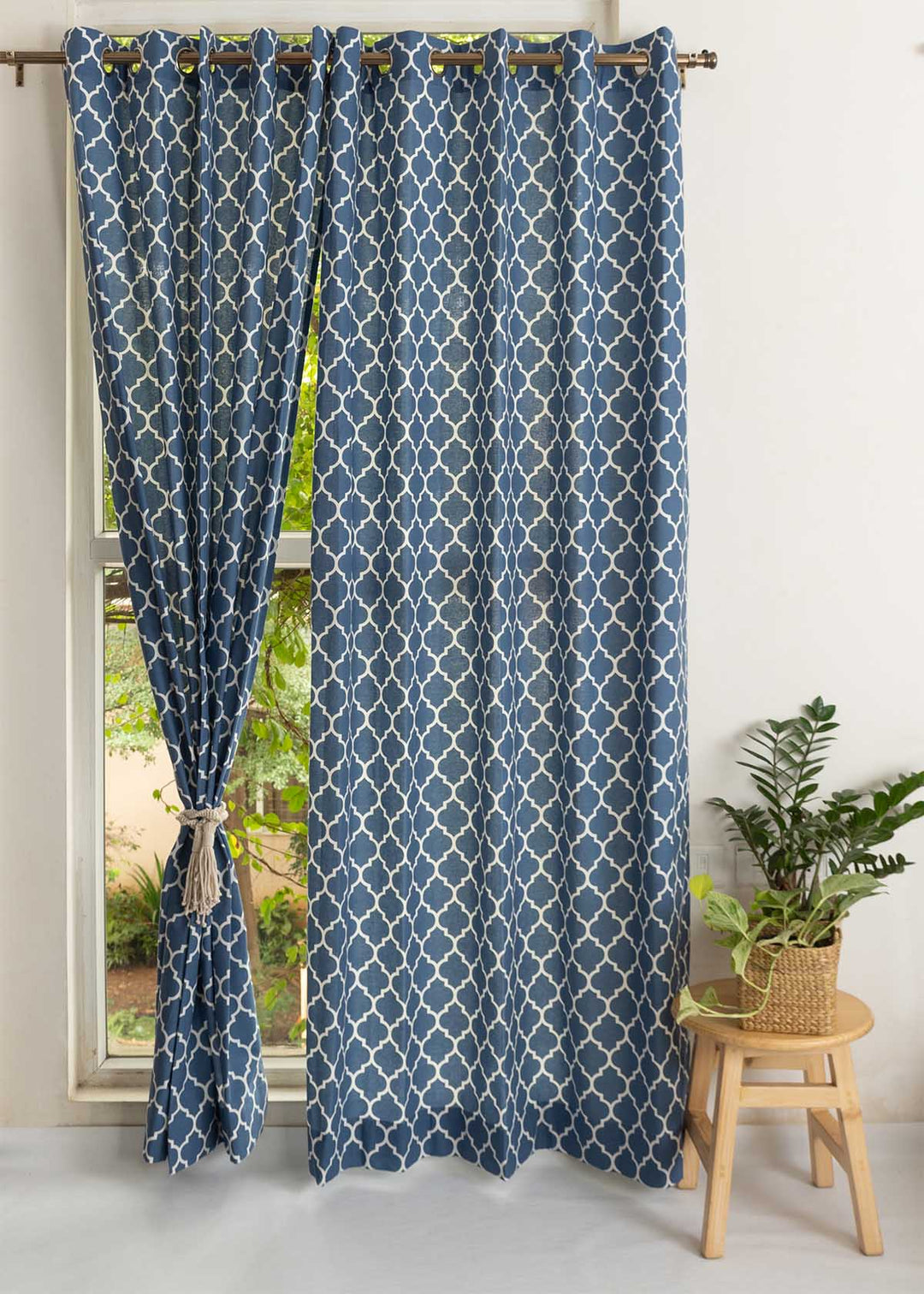 Reverse Trellis Royal Blue 100% cotton geometric curtain for bed room - Room darkening - Single Piece  | SHOBITAM