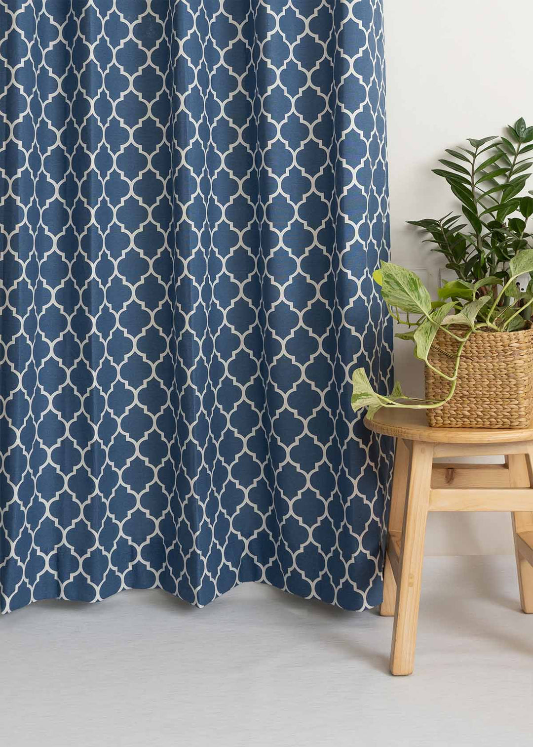 Reverse Trellis Royal Blue 100% cotton geometric curtain for bed room - Room darkening - Single Piece  | SHOBITAM