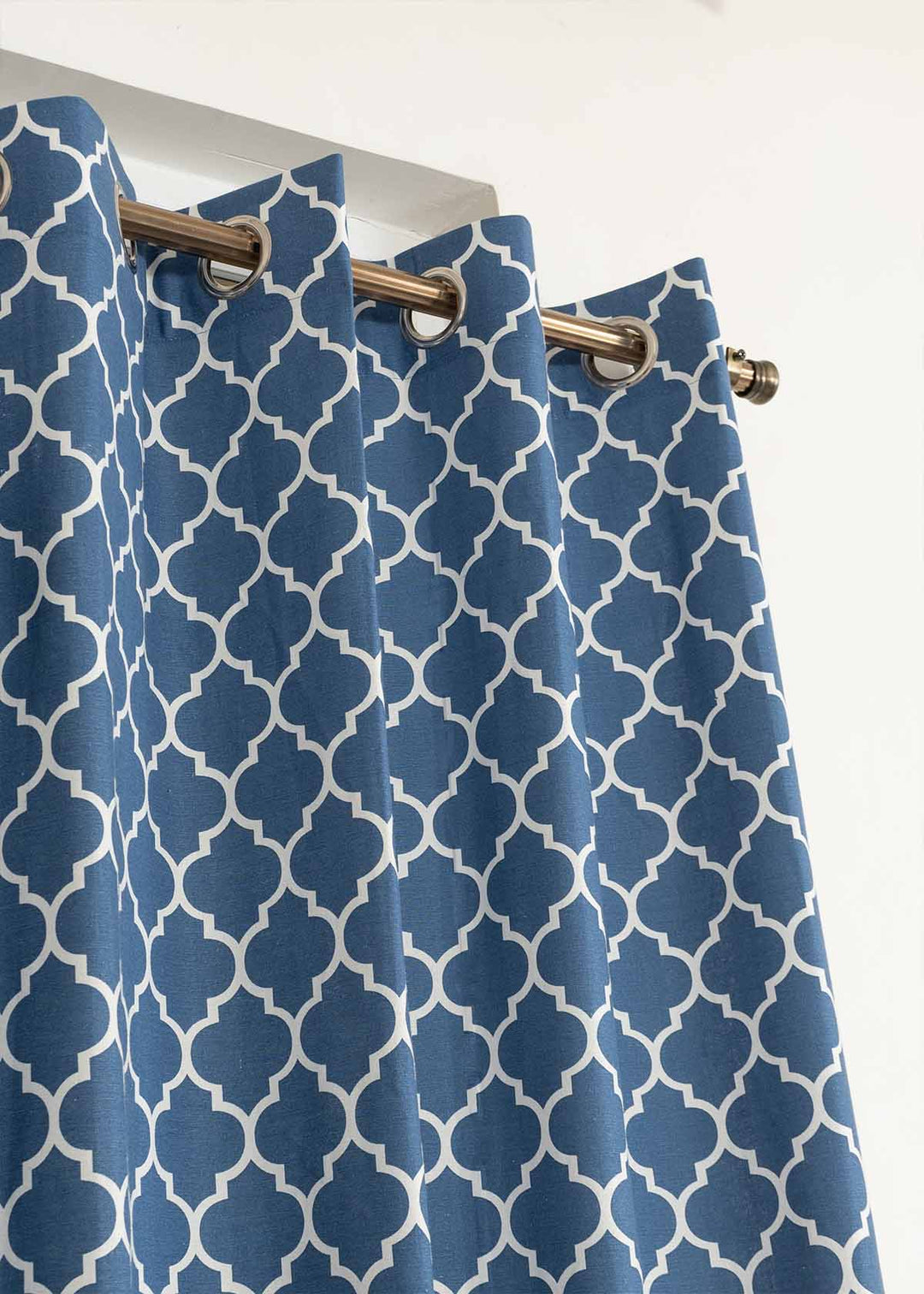 Reverse Trellis Royal Blue 100% cotton geometric curtain for bed room - Room darkening - Single Piece  | SHOBITAM