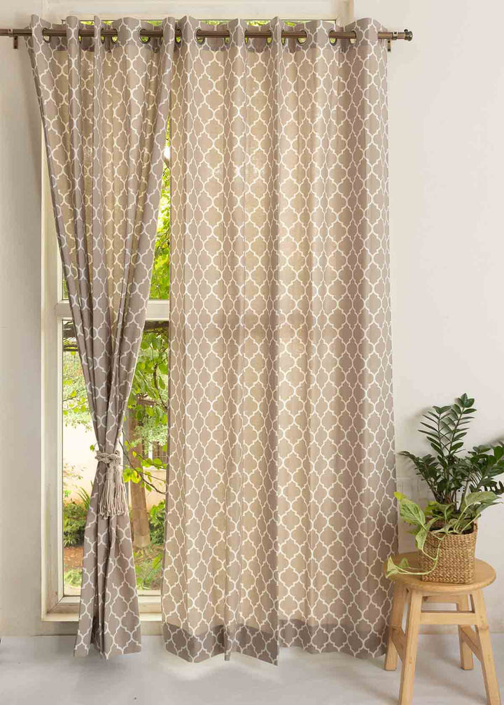 Reverse Trellis 100% cotton geometric curtain for bed room - Room darkening - Walnut Grey - Single Piece  | SHOBITAM