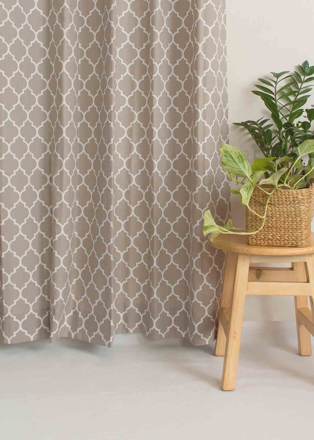 Reverse Trellis 100% cotton geometric curtain for bed room - Room darkening - Walnut Grey - Single Piece  | SHOBITAM