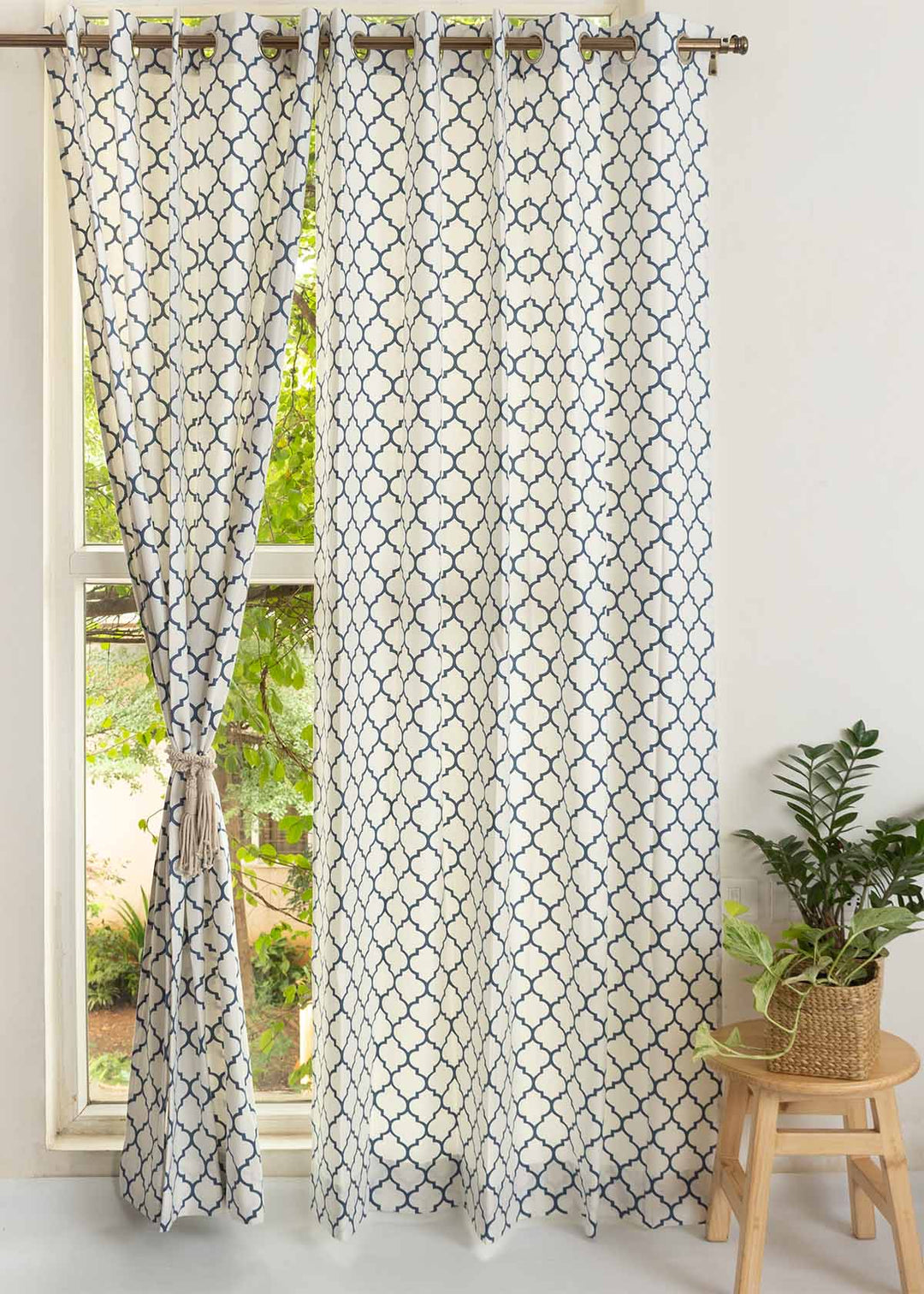 Trellis Printed Royal Blue 100% cotton geometric curtain for bed room - Light Reduction - Single Piece | SHOBITAM