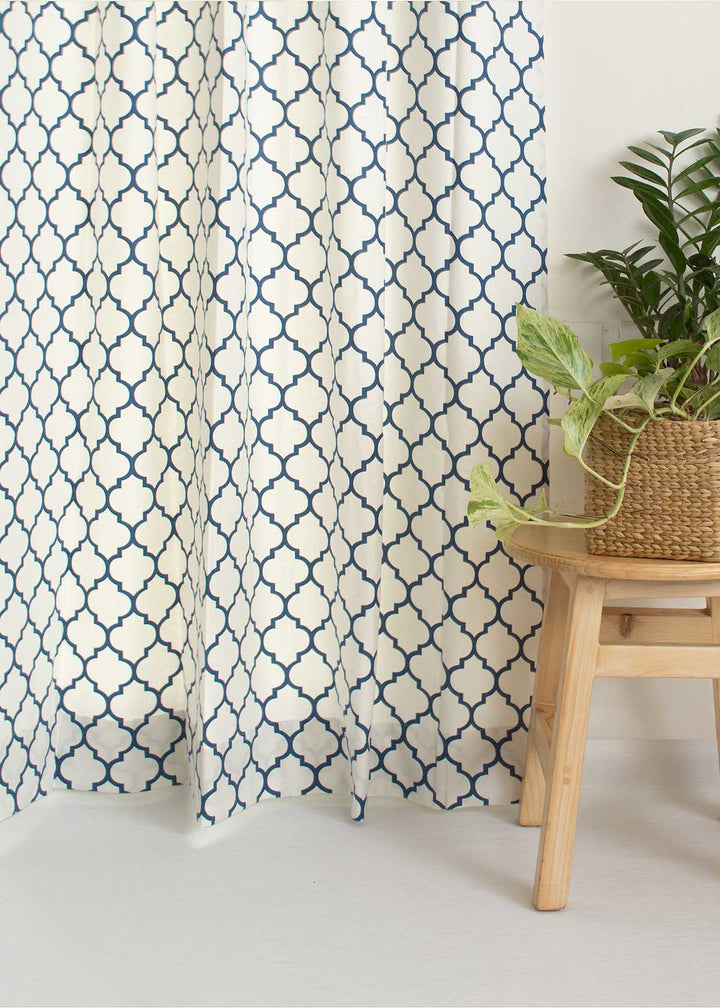 Trellis Printed Royal Blue 100% cotton geometric curtain for bed room - Light Reduction - Single Piece | SHOBITAM