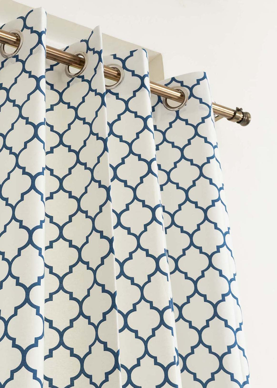 Trellis Printed Royal Blue 100% cotton geometric curtain for bed room - Light Reduction - Single Piece | SHOBITAM