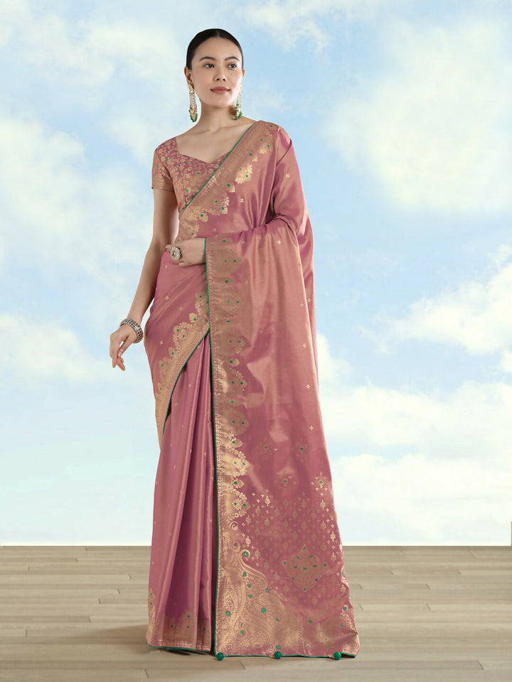 Light Pink Color Paisley Zari Woven Semi Banarasi Tissue Silk Saree  | SHOBITAM