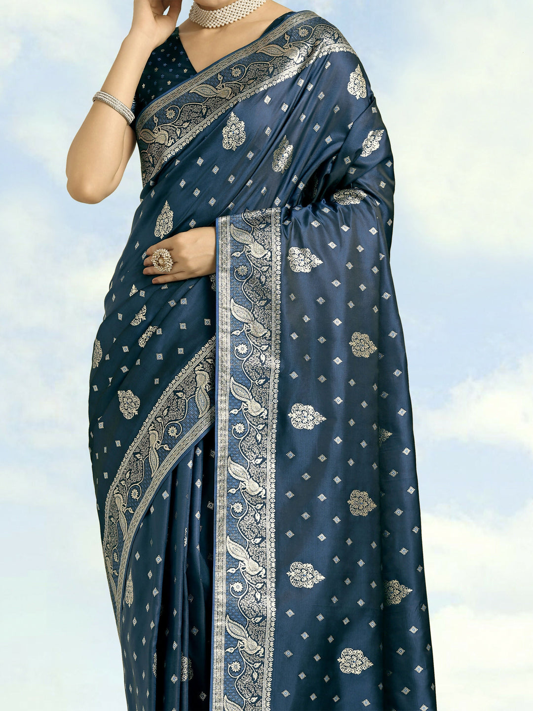 Aqua blue Woven Banarasi Satin Silk Saree | SHOBITAM
