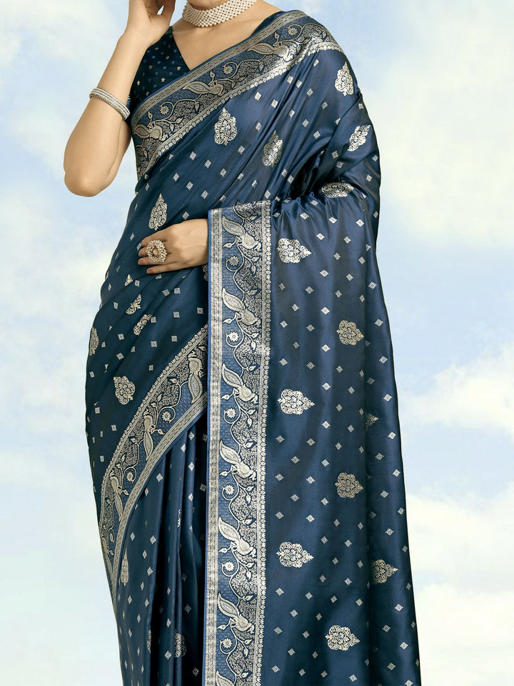 Aqua blue Woven Banarasi Satin Silk Saree | SHOBITAM