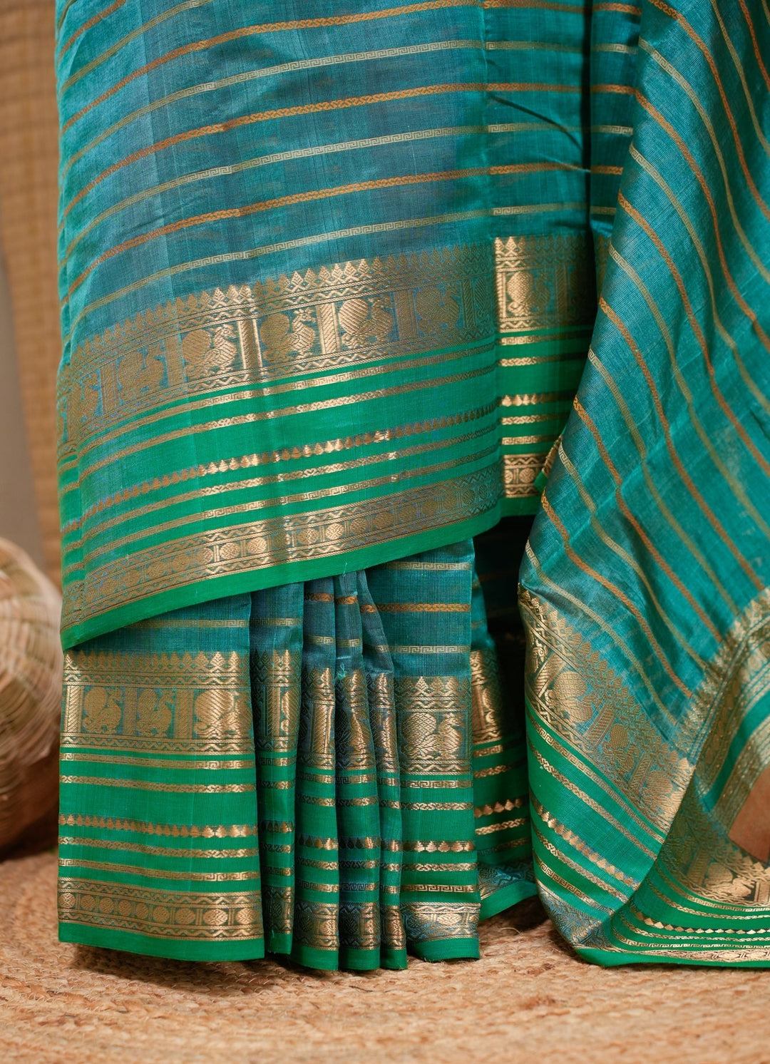 Turqoise Veldhari Kanchi Silk Cotton Handloom Saree Naina | SHOBITAM