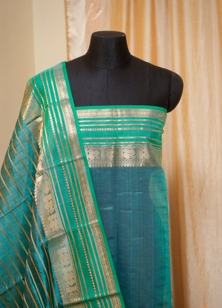 Turqoise Veldhari Kanchi Silk Cotton Handloom Saree Naina | SHOBITAM