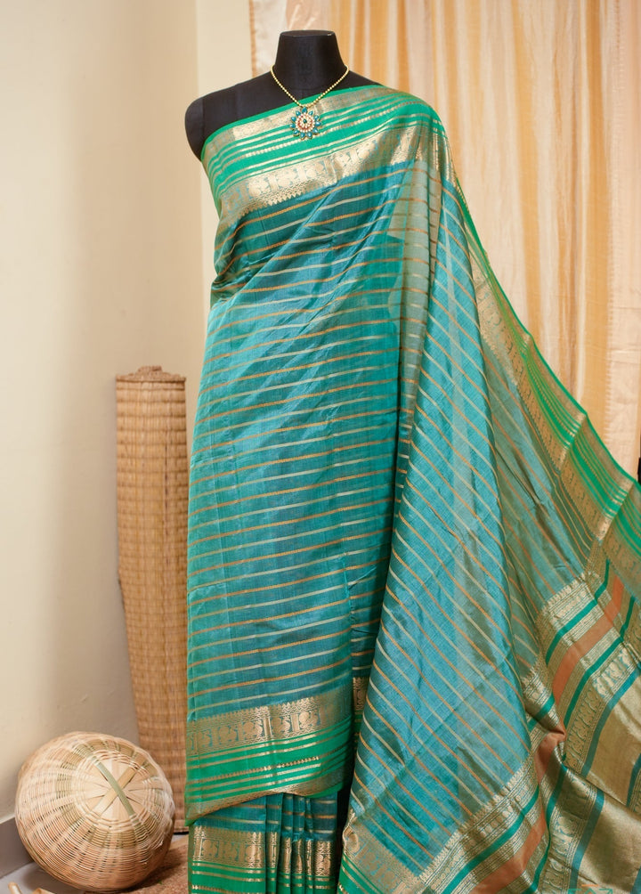 Turqoise Veldhari Kanchi Silk Cotton Handloom Saree Naina | SHOBITAM