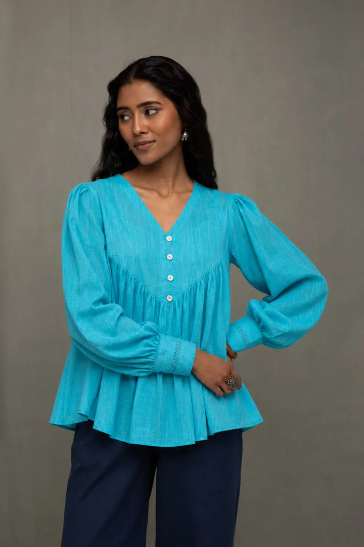 Turquoise Blue Flared Top | SHOBITAM