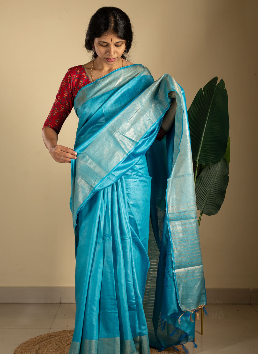 Turquoise Blue Tussar Handwoven Silk Saree | SILK MARK CERTIFIED | SHOBITAM