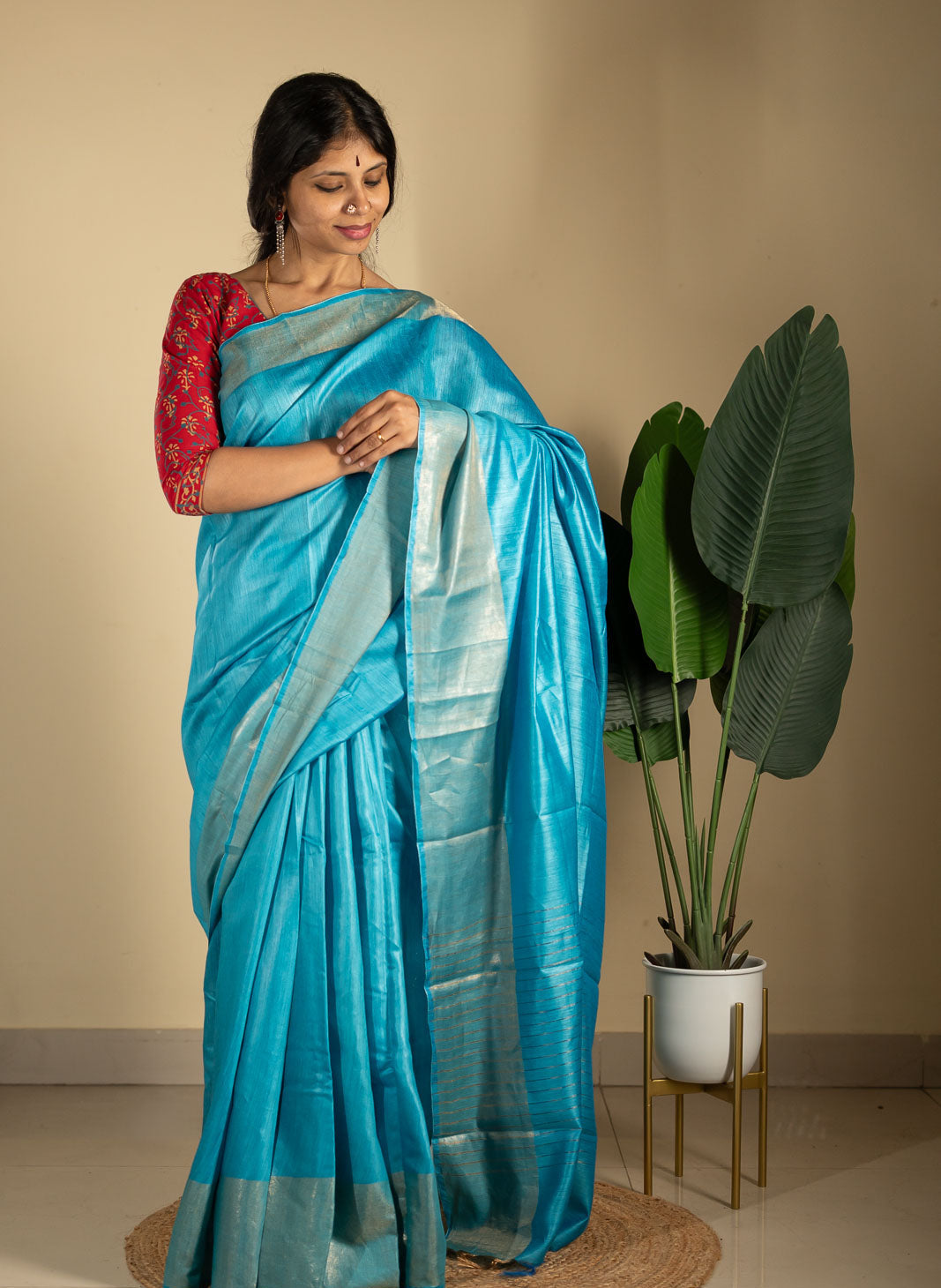 Turquoise Blue Tussar Handwoven Silk Saree | SILK MARK CERTIFIED | SHOBITAM
