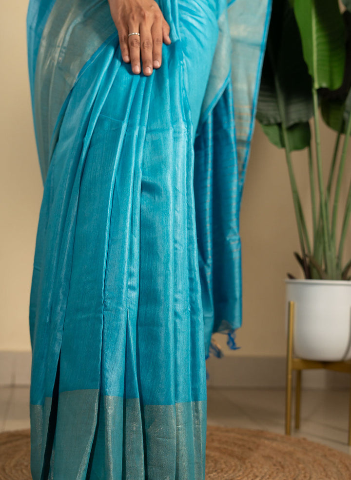 Turquoise Blue Tussar Handwoven Silk Saree | SILK MARK CERTIFIED | SHOBITAM