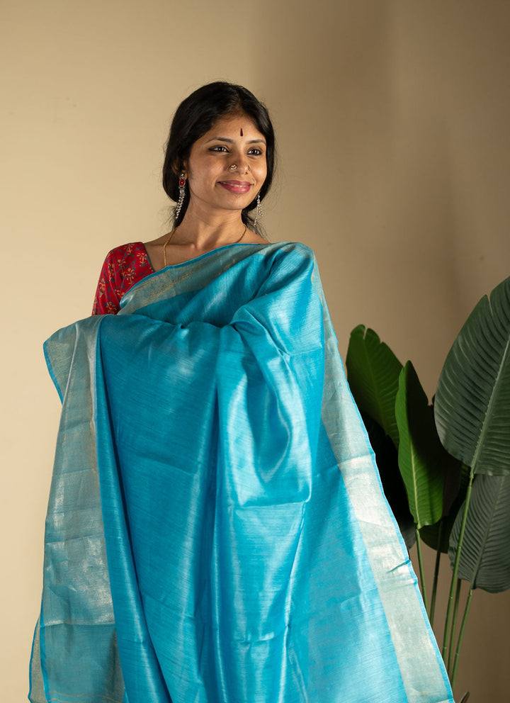 Turquoise Blue Tussar Handwoven Silk Saree | SILK MARK CERTIFIED | SHOBITAM
