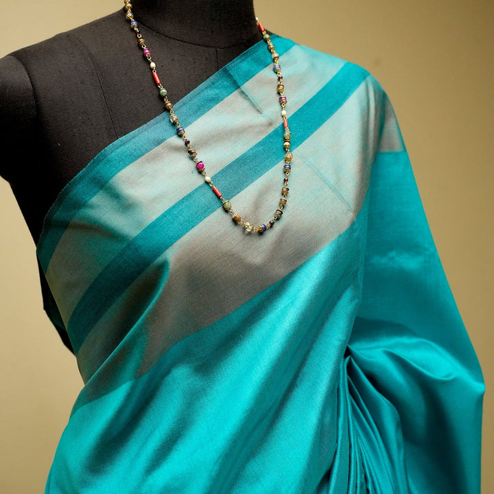 Turquoise Tussar Handloom Silk Saree | SILK MARK CERTIFIED | SHOBITAM