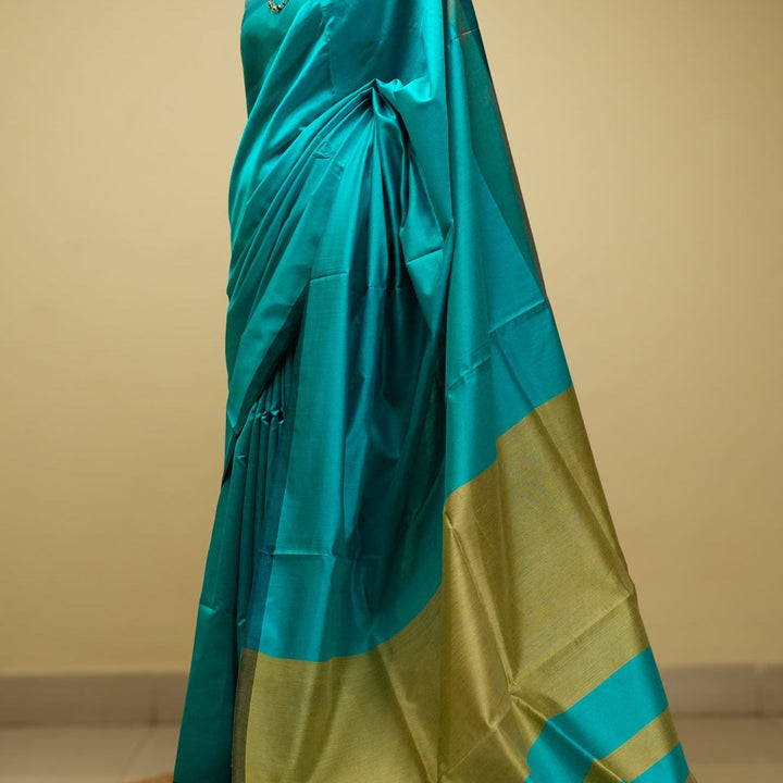 Turquoise Tussar Handloom Silk Saree | SILK MARK CERTIFIED | SHOBITAM