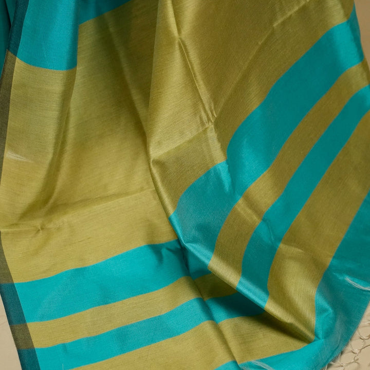Turquoise Tussar Handloom Silk Saree | SILK MARK CERTIFIED | SHOBITAM