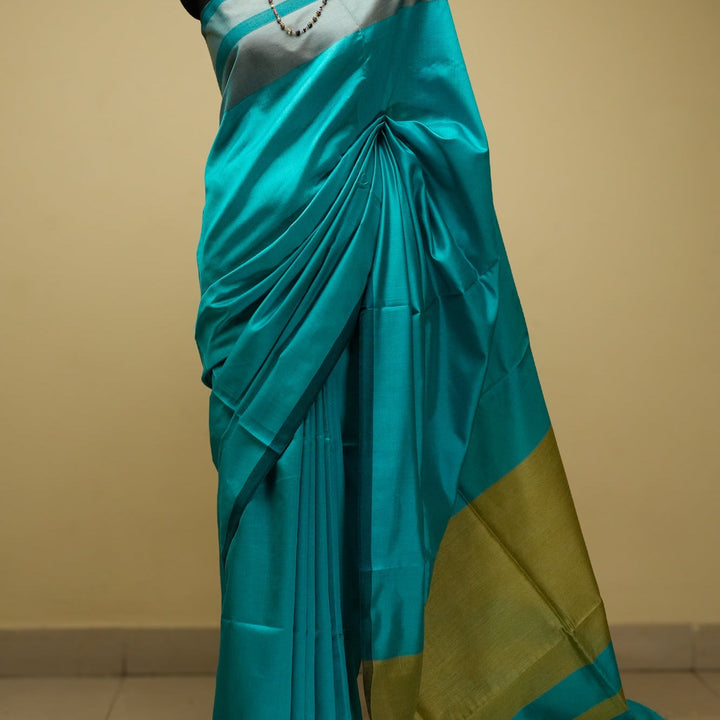 Turquoise Tussar Handloom Silk Saree | SILK MARK CERTIFIED | SHOBITAM
