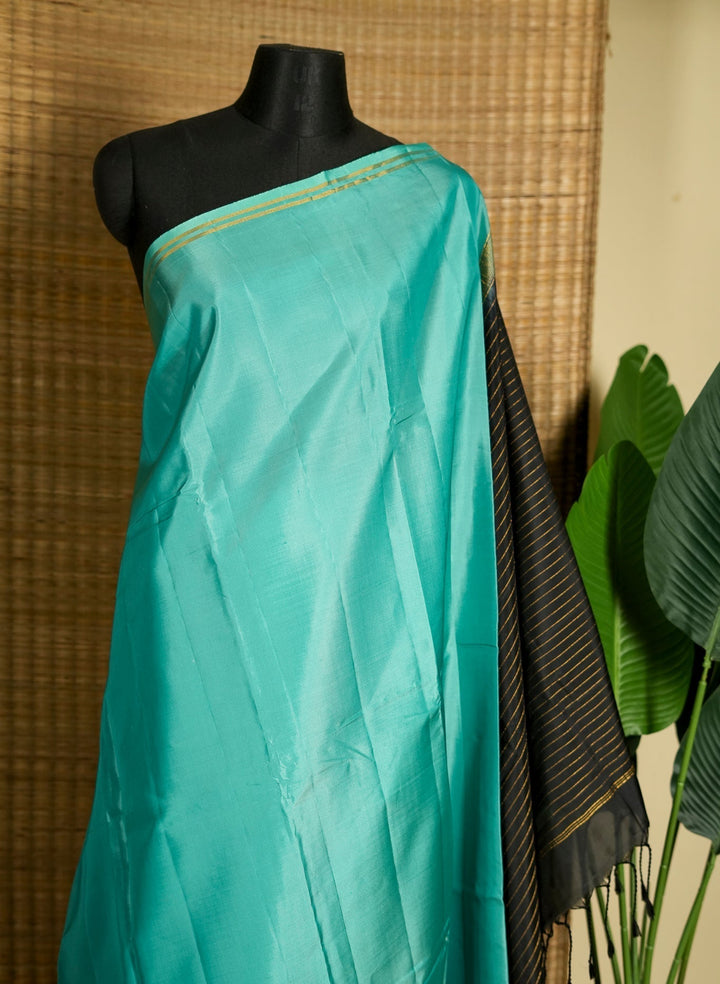 Turquoise With Black Soft Silk Handloom Saree Jheel | SILK MARK CERTIFIED | SHOBITAM