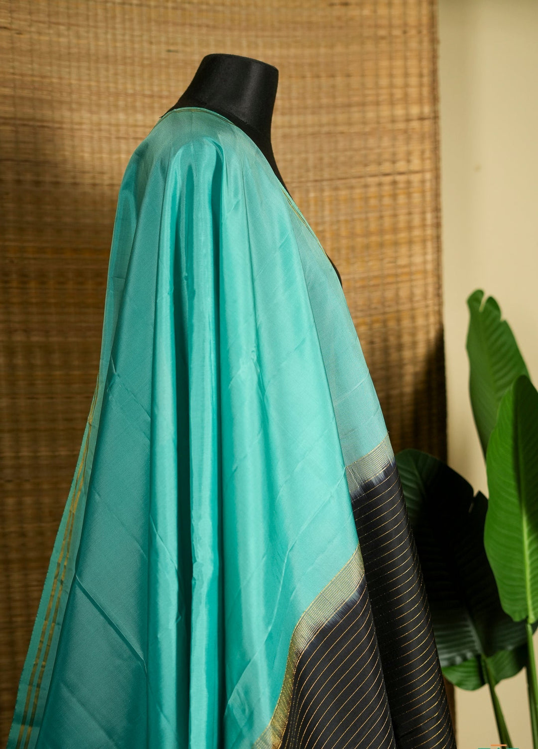 Turquoise With Black Soft Silk Handloom Saree Jheel | SILK MARK CERTIFIED | SHOBITAM