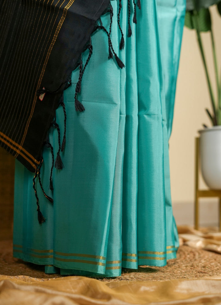 Turquoise With Black Soft Silk Handloom Saree Jheel | SILK MARK CERTIFIED | SHOBITAM