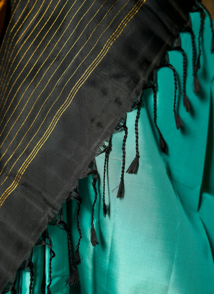 Turquoise With Black Soft Silk Handloom Saree Jheel | SILK MARK CERTIFIED | SHOBITAM