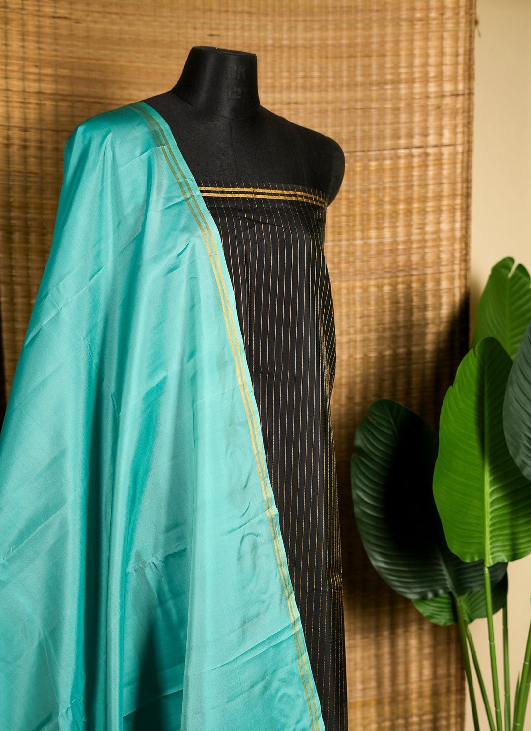 Turquoise With Black Soft Silk Handloom Saree Jheel | SILK MARK CERTIFIED | SHOBITAM