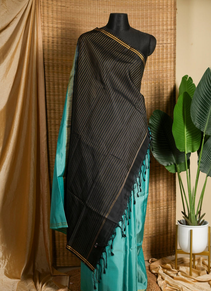 Turquoise With Black Soft Silk Handloom Saree Jheel | SILK MARK CERTIFIED | SHOBITAM