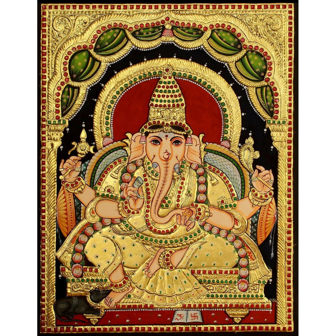 18*24 TANJORE PAINTING Lord Ganesha Painting Authentic With 22 Ct Gold Foil and Jaipur Gemstones,Unframed | SHOBITAM