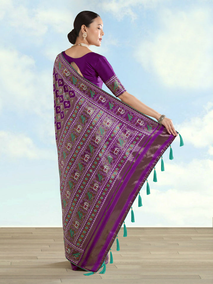 Purple Semi Banarasi Satin Silk Saree With Patola Work | SHOBITAM