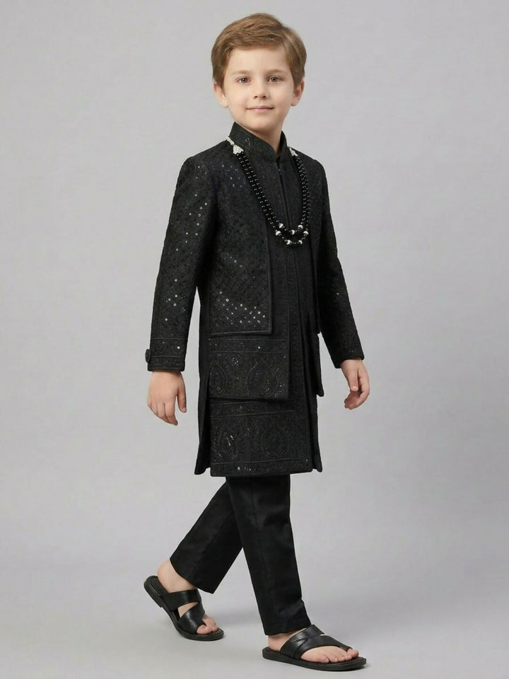 Boys Embroidered Black Sherwani Set with Jacket, Trousers | SHOBITAM