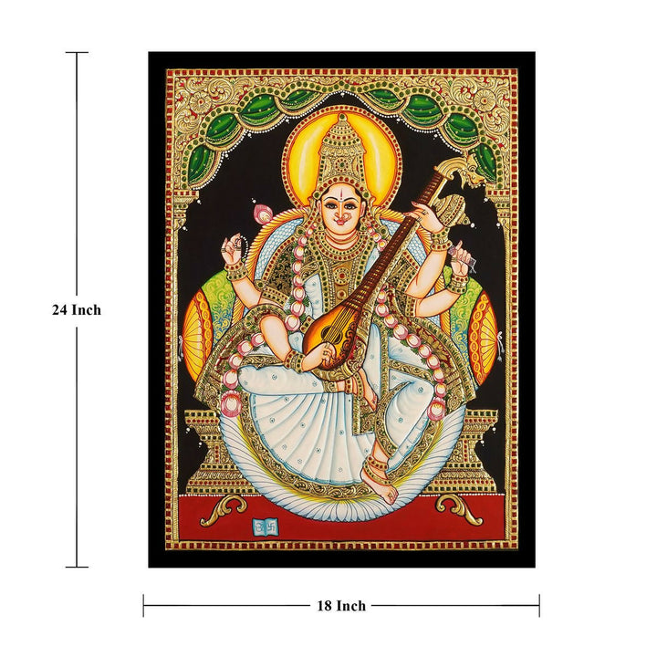 18*24 Authentic TANJORE PAINTING SARASWATHI With 22 Ct gold Foil and Jaipur Gemstones,Unframed | SHOBITAM