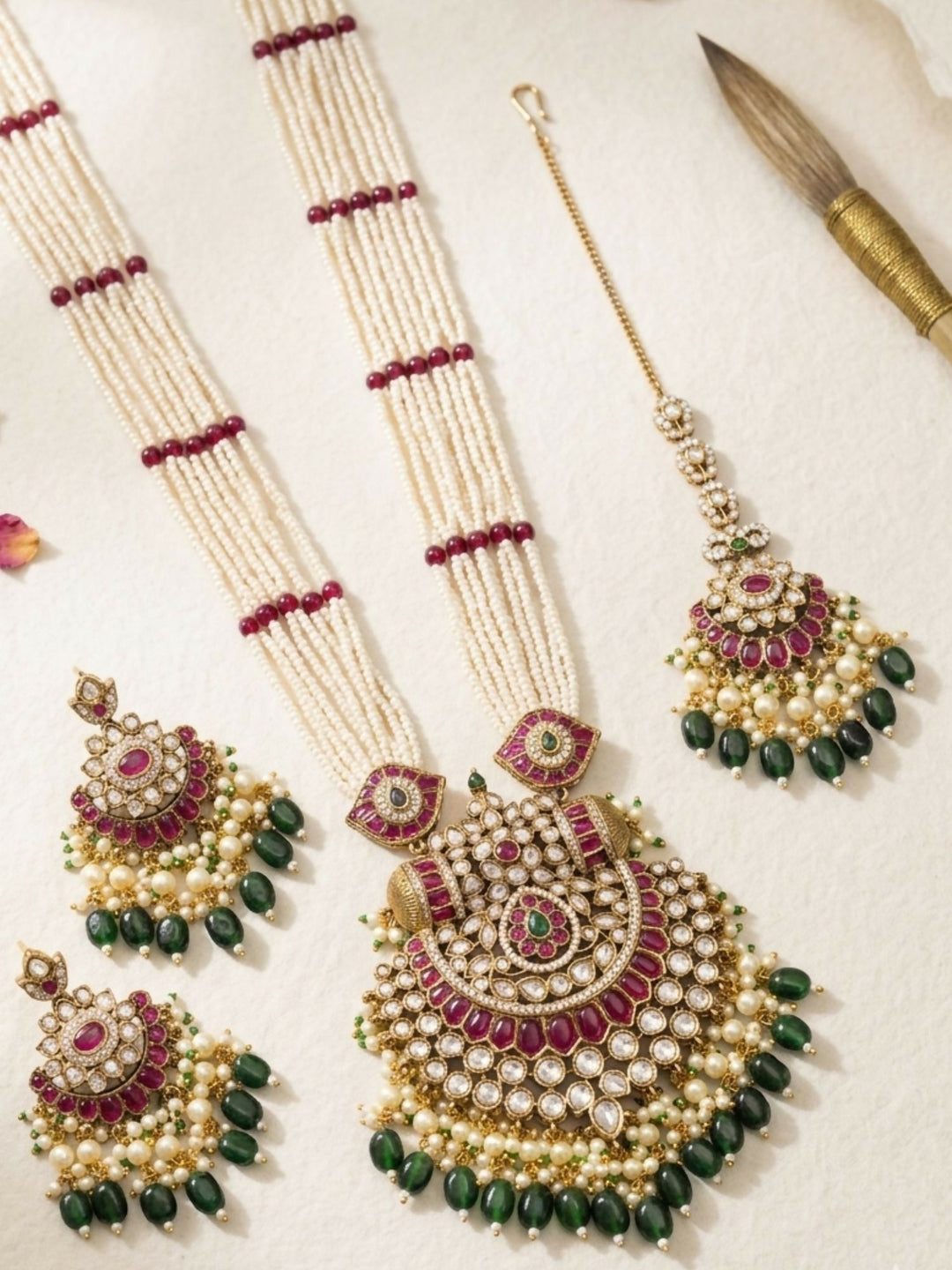 Gold Plated Long Bridal Polki Stone Necklace Set | shobitam