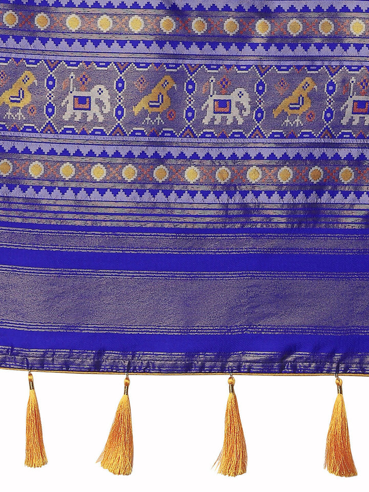 Navy Blue Semi Banarasi Satin Silk Saree With Patola Work | SHOBITAM