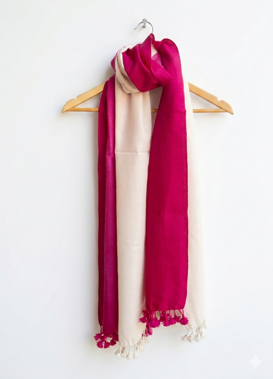 Color block Pink Marino wool handcrafted stole | SHOBITAM