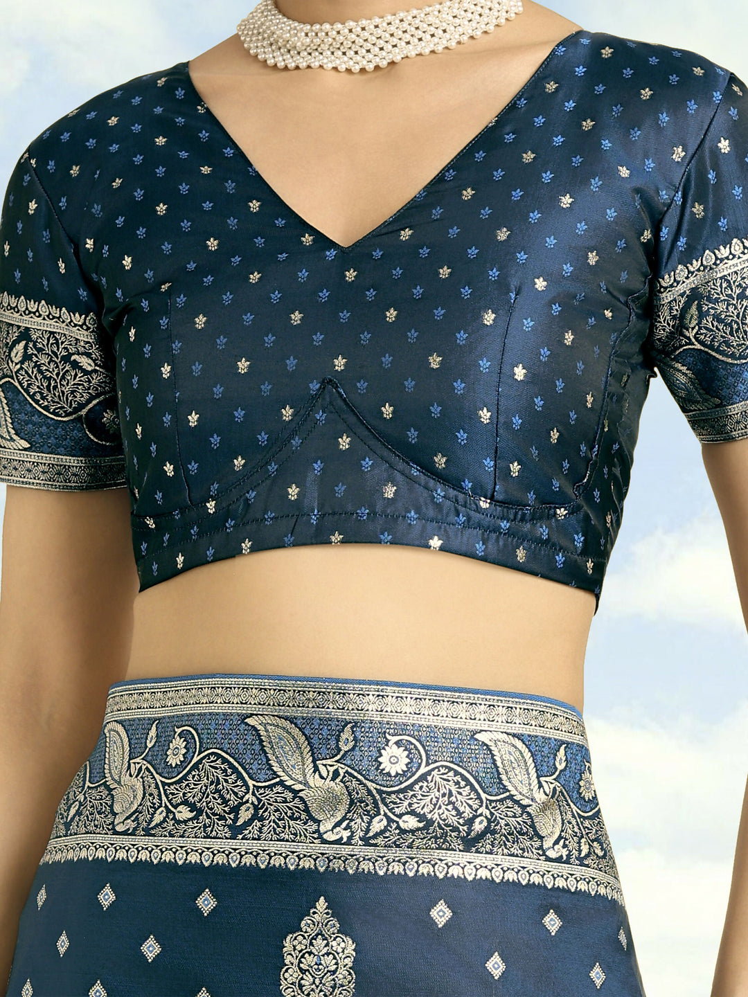 Aqua blue Woven Banarasi Satin Silk Saree | SHOBITAM