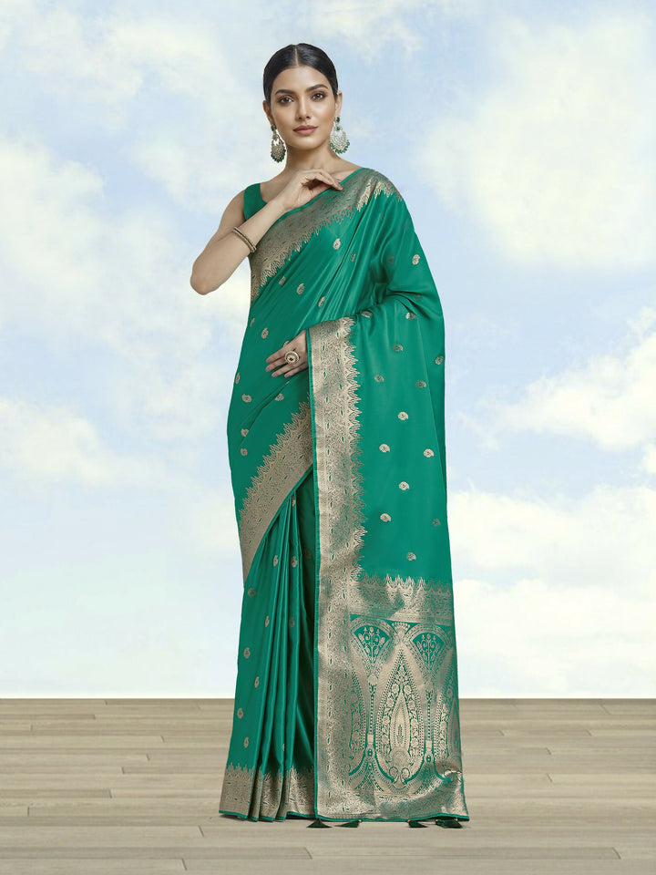 Turquoise Banarasi Satin Silk Saree With Blouse Piece | SHOBITAM