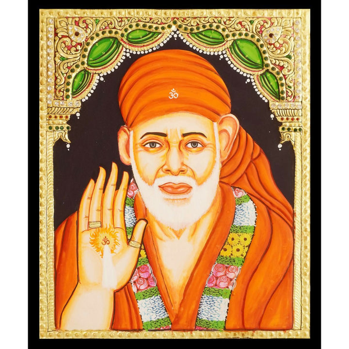 12*10 TANJORE PAINTING SAIBABA Authentic With 22 Ct Gold Foil and Jaipur Gemstones,Unframed | SHOBITAM