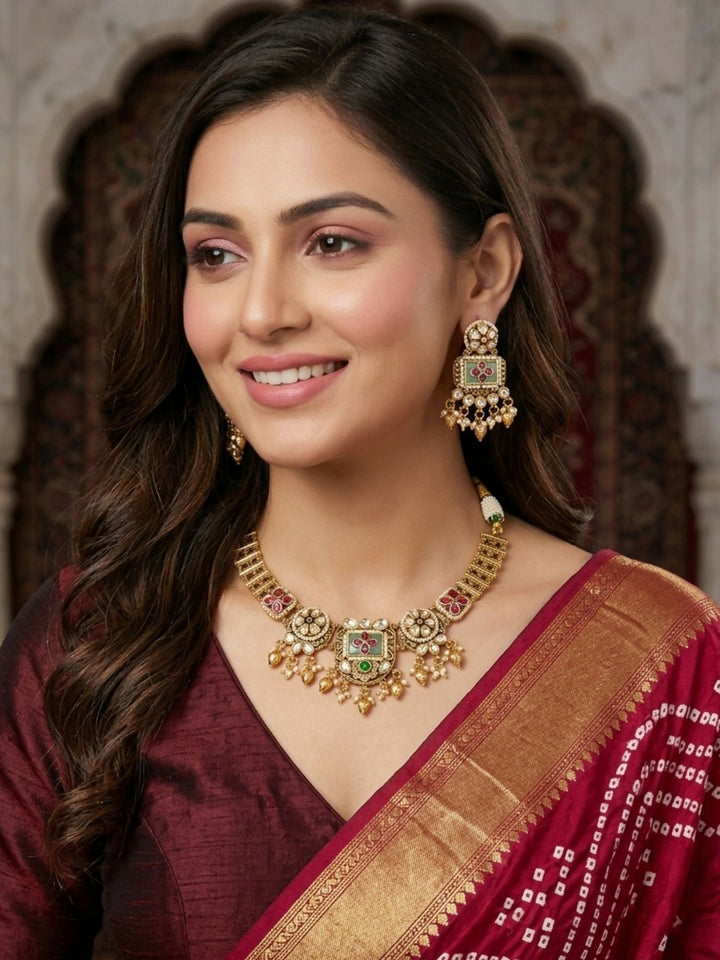 Gold Floral Polki Necklace Set | SHOBITAM