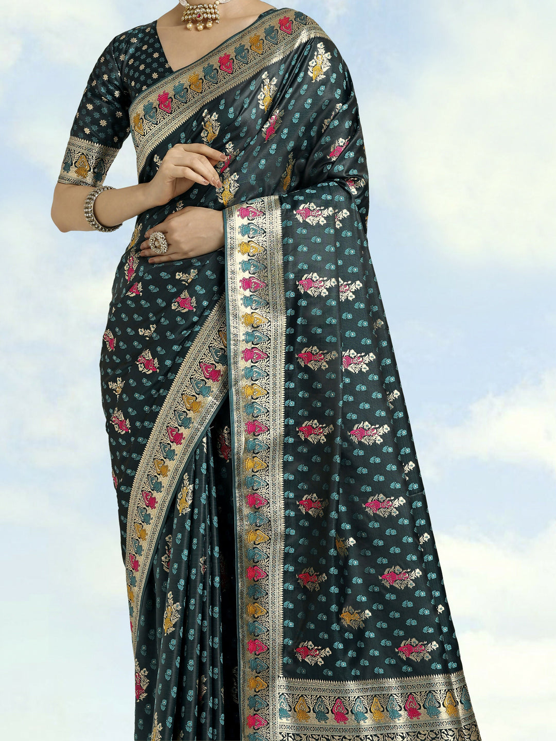 Teal With Gold Bordar Banarasi Satin Zari Woven Saree | SHOBITAM
