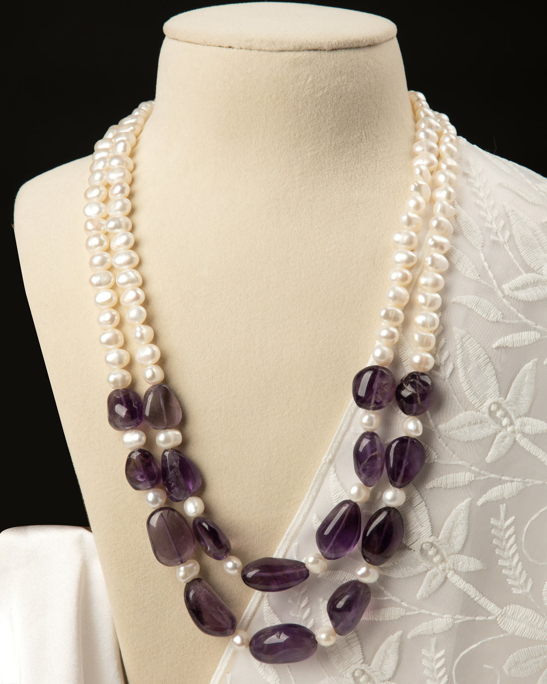 The Windsor Jewel Strand- Pearl & Amethyst 2 Line Mala | SHOBITAM
