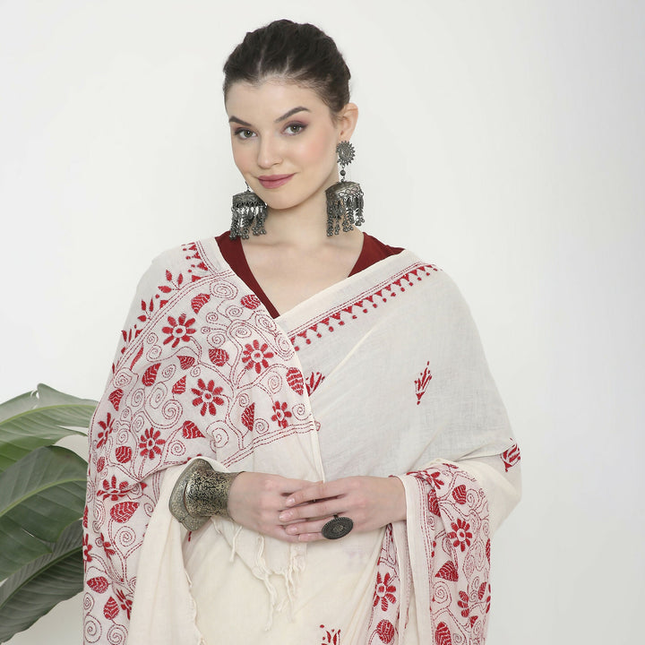 Magnolia Mul cotton saree with Kantha Stitch embroidery | SHOBITAM