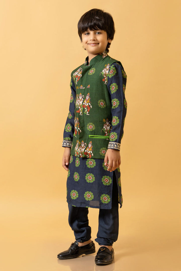 NEEL KURTA + CHURIDAR SET of 3 (kurta + churidar + jacket ) | SHOBITAM