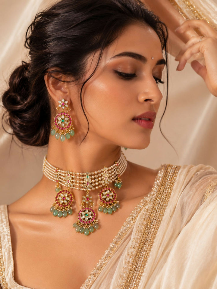 Pearl Kundan Choker Set with Ruby & Emerald Drops | Shobitam